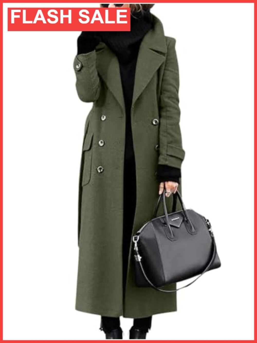 Wool Blend Double Breasted Pea Coat Notched Lapel Belted Winter Trench